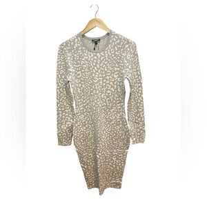 Express Gray and Cream Leopard Print Long Sleeve Sweater Dress